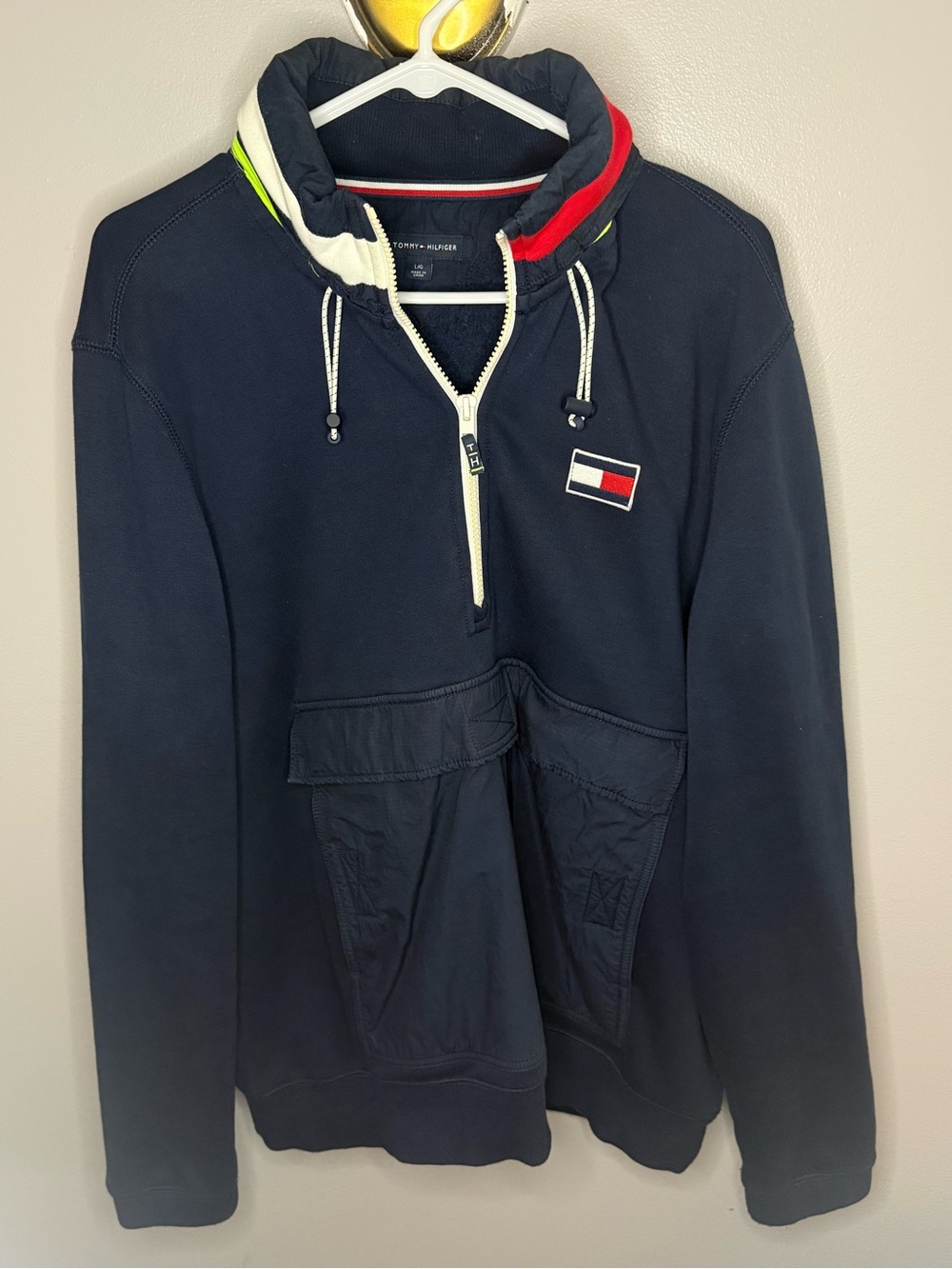 Tommy Hilfiger Men's Navy Pullover Hoodie 1/4 Zip Fleece Cotton Logo L
